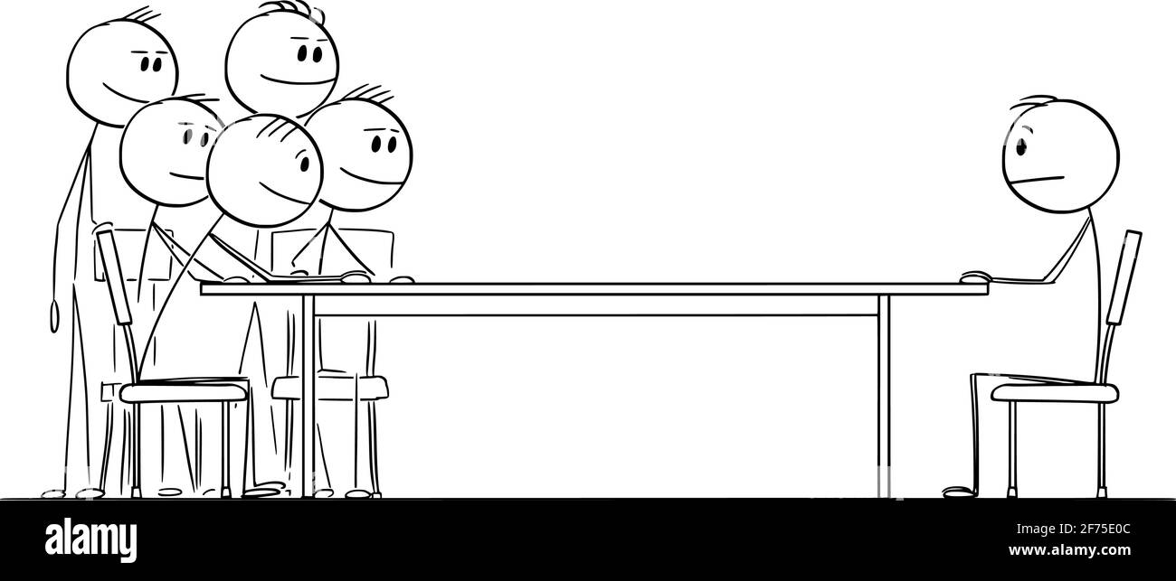 Négociation ou entretien d'emploi, un homme assis à la table contre le groupe d'hommes d'affaires, illustration de la figure de bâton de dessin vectoriel Illustration de Vecteur