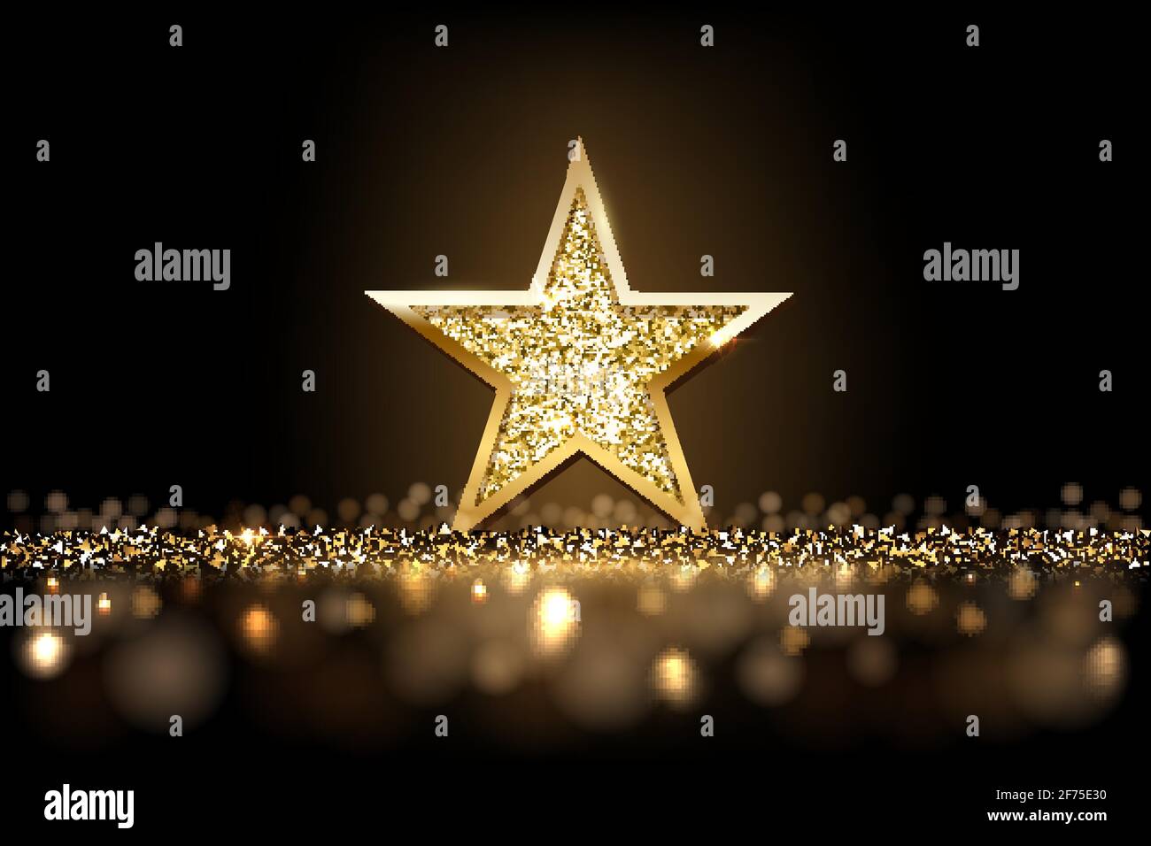Étoile dorée scintillante avec cadre doré sur fond sombre et étincelant de brouillard. Décoration de Noël emblème brillant illustration vectorielle. Résumé créatif lumineux Illustration de Vecteur
