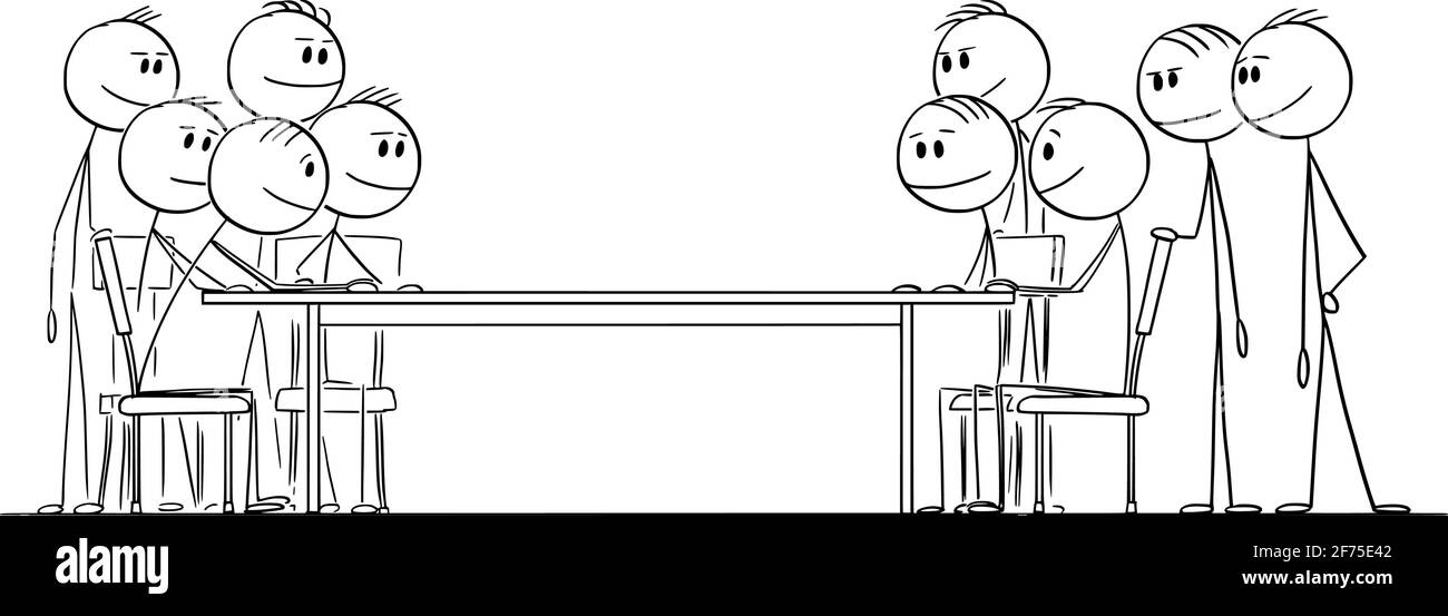 Deux groupes de personnes, d'hommes d'affaires ou de politiciens négociant, Vector Cartoon Stick Figure Illustration Illustration de Vecteur