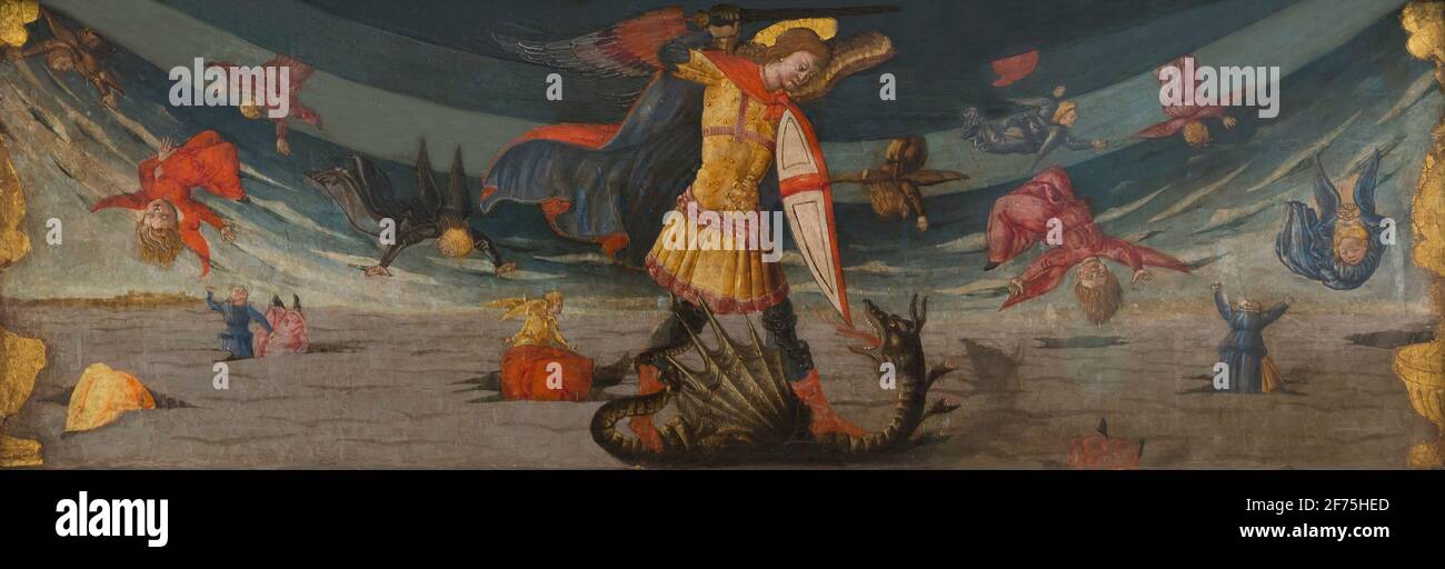 Chute de l'anges rebelles avec Saint Michel combattant le dragon, par Neri di Bicci, 1419, Musée Boijmans van Beuningen, Rotterdam, Pays-Bas, Europe Banque D'Images