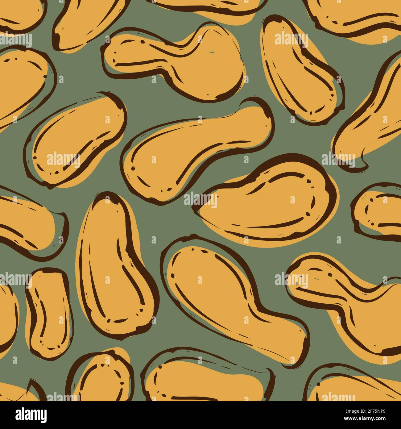 Arrière-plan de motif vectoriel sans couture de l'illustration de la ligne de coque d'arachide. Mélange de différents noix de singe en forme de pinceau de calligraphie. Nourriture verte en sauge ocre terreuse Illustration de Vecteur