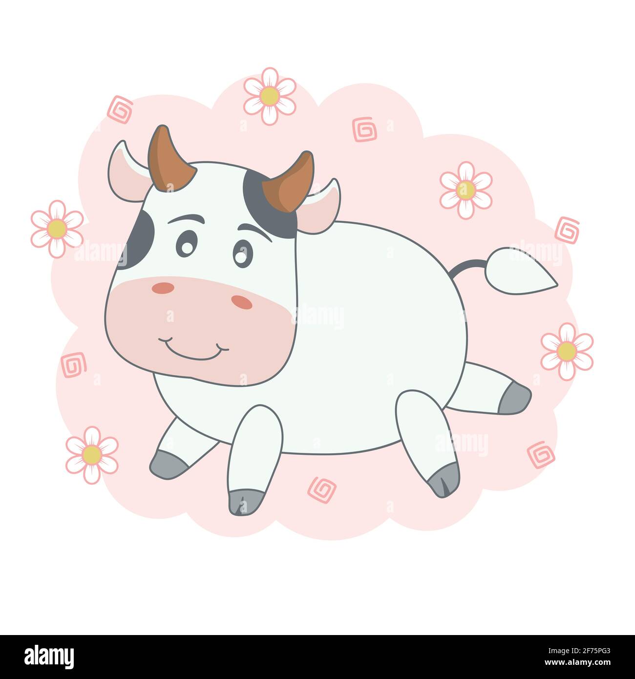 Adorable petite vache de dessin animé isolée sur fond rose avec des fleurs. Illustration de Vecteur