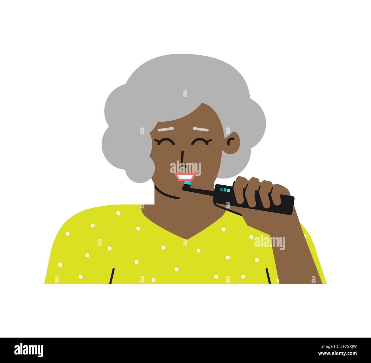 Illustration plane isolée vectorielle. Une femme afro-américaine âgée à cheveux gris nettoie ses dents à l'aide d'une brosse à dents électrique pour préserver sa santé. Illustration de Vecteur