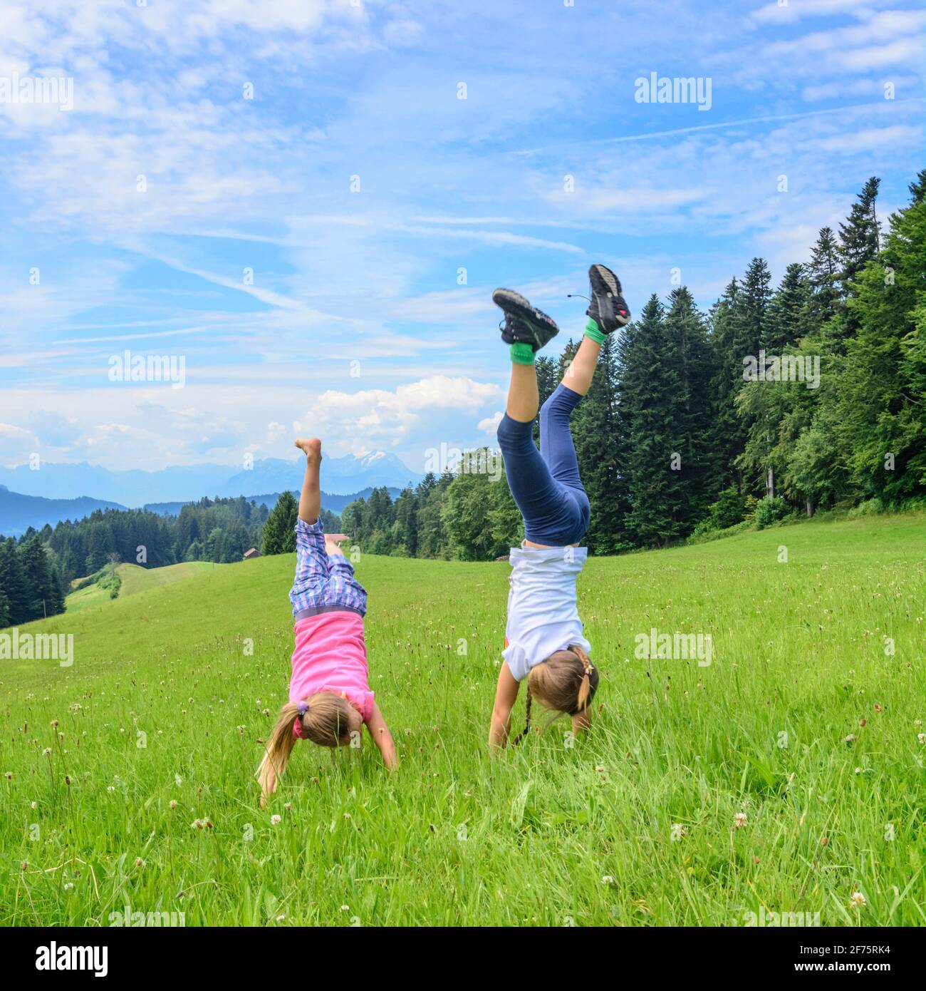 Jeunes filles s'amuser tout en faisant des exercices sur la prairie Banque D'Images