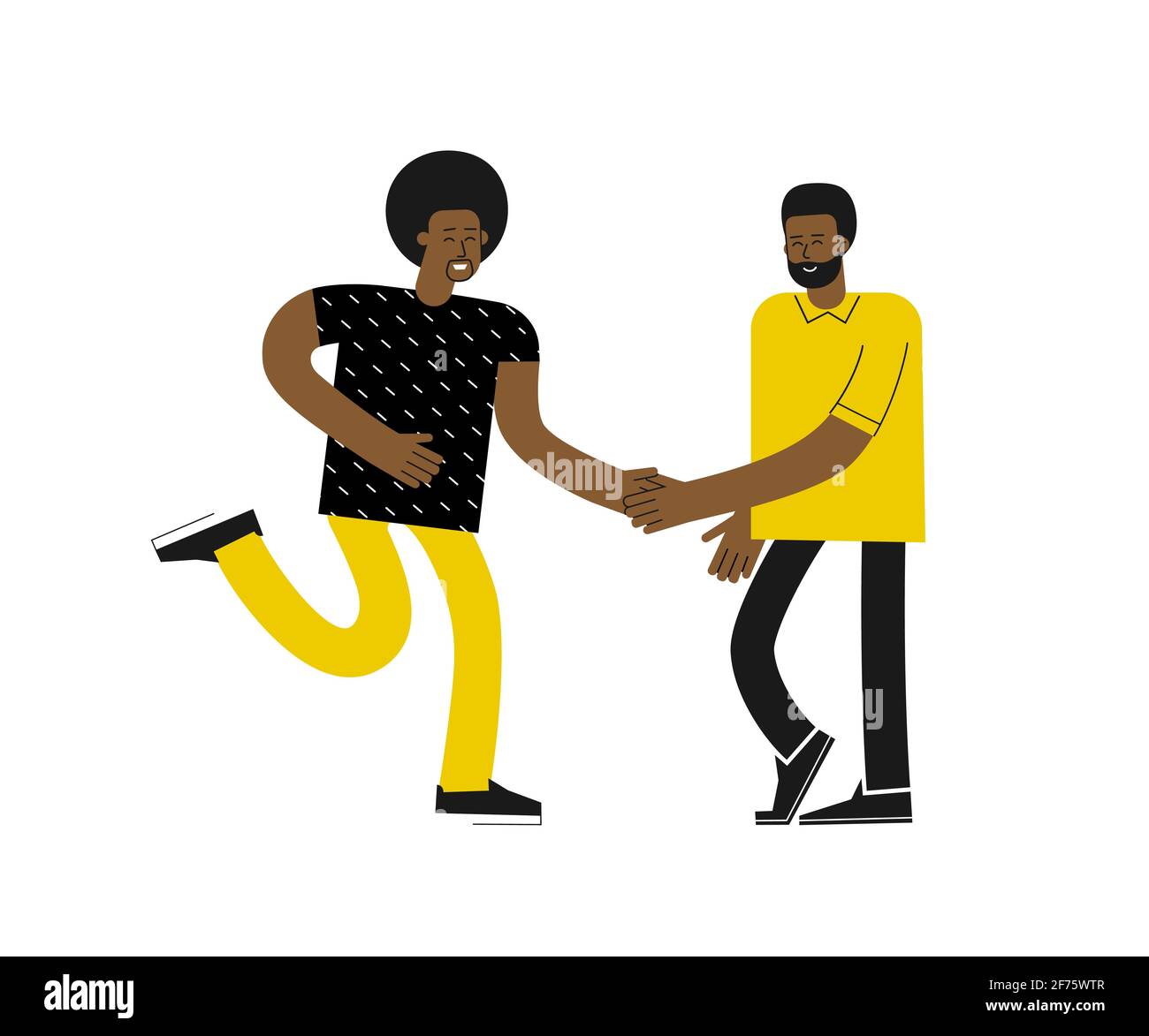 Vecteur isolé plat concept avec deux hommes afro-américains. Des amis heureux se sont rencontrés, heureux de se voir, sourire et serrer les mains. Guy parle Illustration de Vecteur