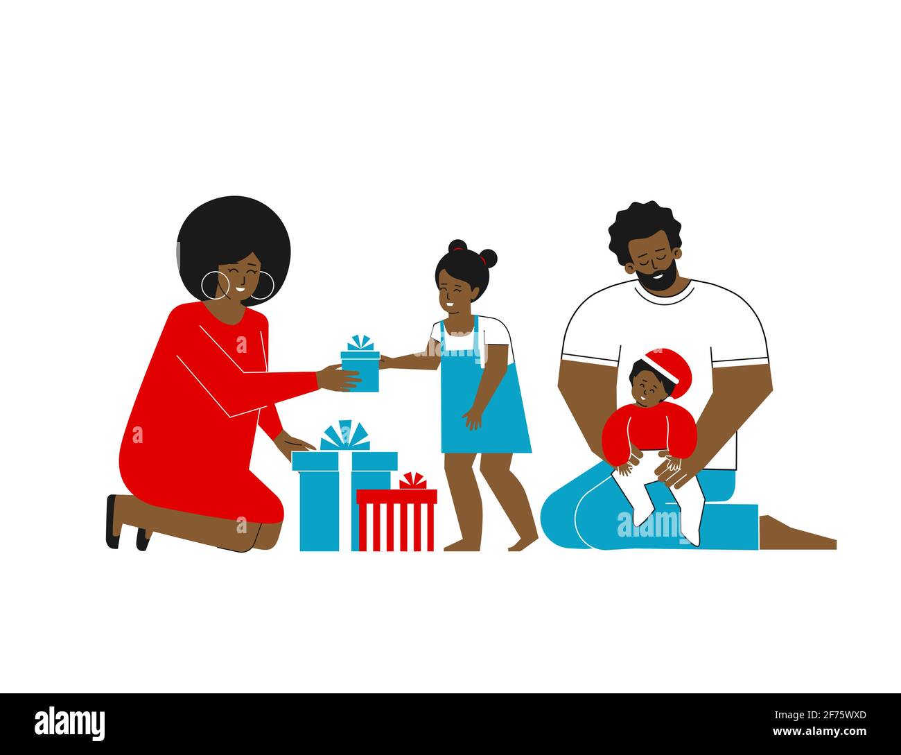 Illustration plane isolée vectorielle. La famille américaine de caricature africaine célèbre Noël. Une petite fille heureuse a reçu un cadeau de maman. Modèle pour la conception Illustration de Vecteur
