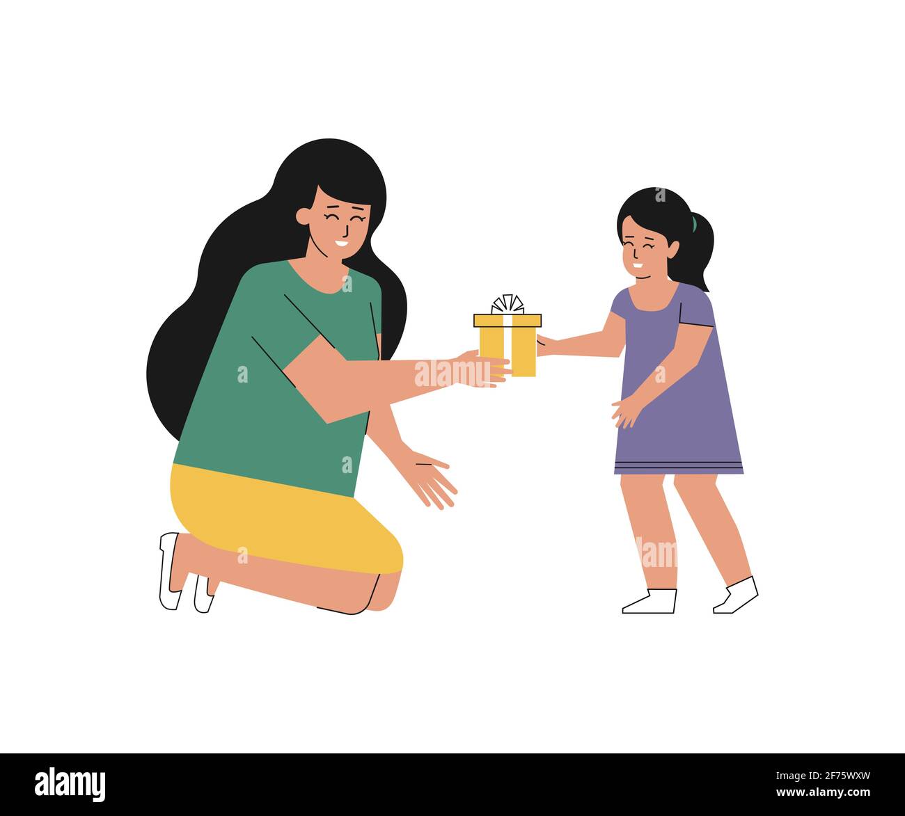 Concept vectoriel plat a propos de Joyeux anniversaire. Caricature latine jeune femme adulte donne un cadeau à une jolie fille. La mère s'accroupir, la petite fille sourit Illustration de Vecteur