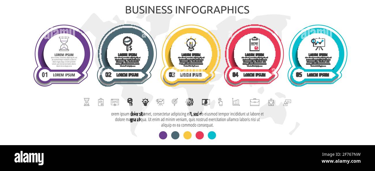 Infographie moderne et simple sur les cercles à vecteur plat avec 5 étapes, icônes. Chronologie du diagramme, du diagramme, du Web, de la bannière, de l'organigramme, infographe, contenu, niveaux Illustration de Vecteur