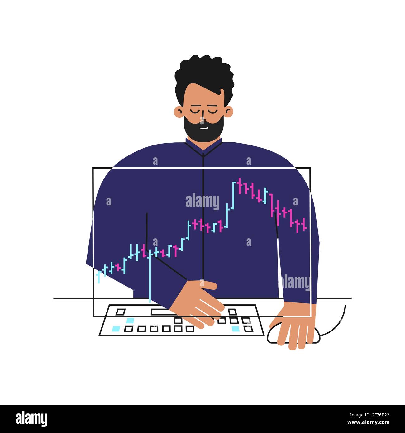 Concept vectoriel des marchés financiers. L'homme caucasien est un Trader travaillant en ligne sur l'échange de stocks. Le caractère plat de l'investisseur est l'analyse des données Illustration de Vecteur