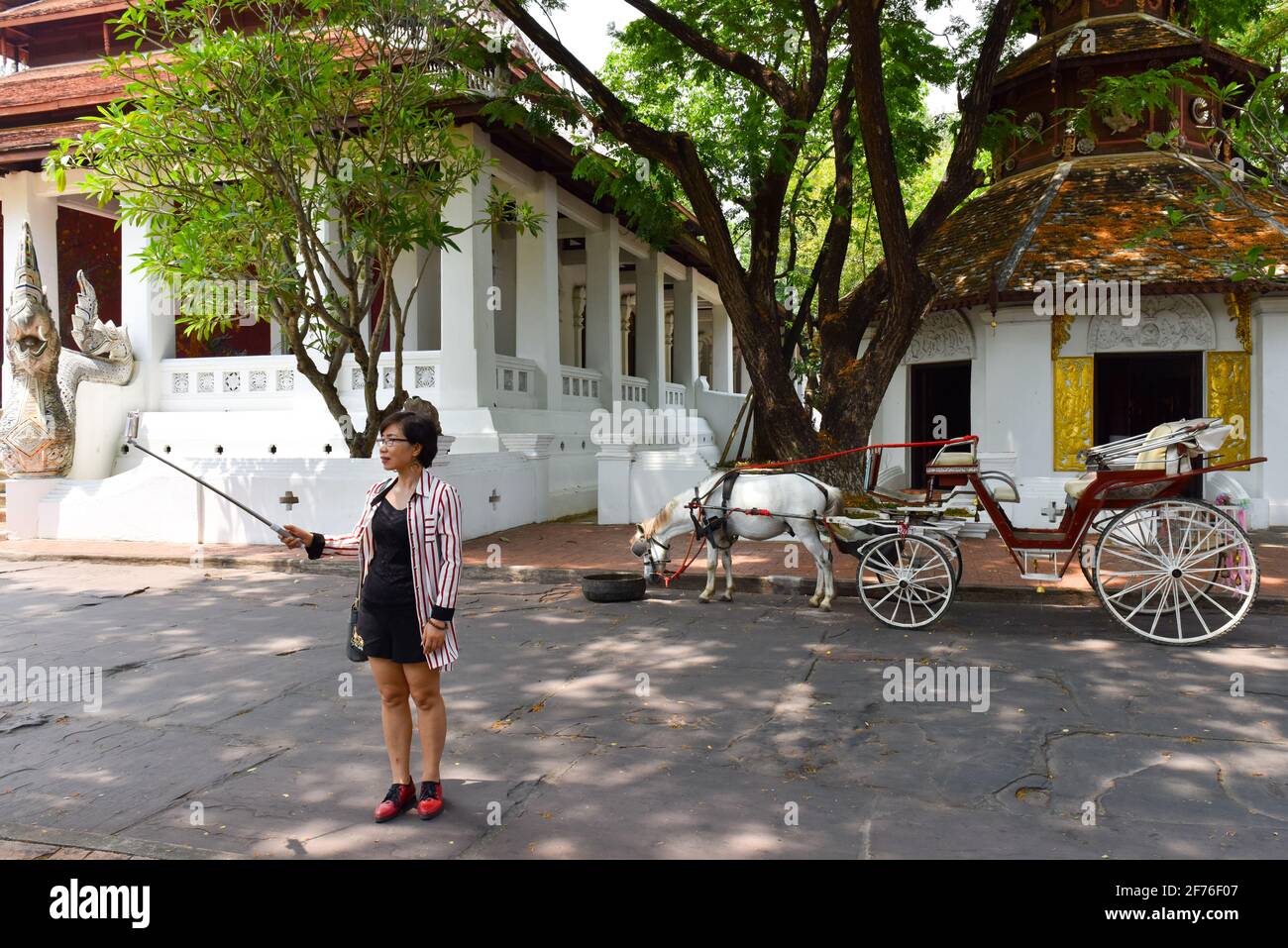 Touriste chinois prenant des selfies à Dhara Devi Resort de luxe, Chiang Mai, Thaïlande Banque D'Images