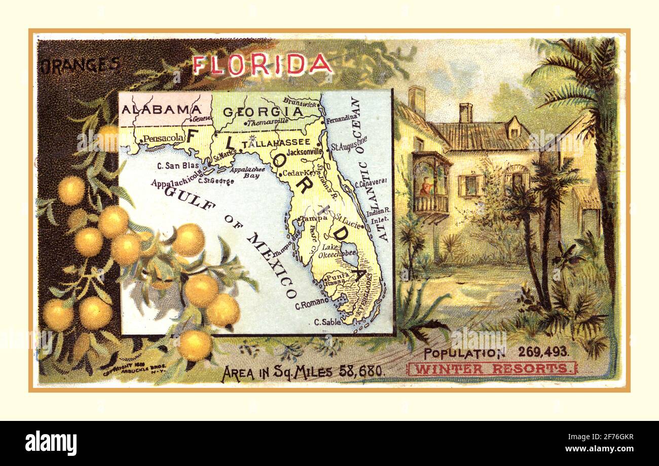 Vintage FLORIDA USA 1840 vacances Retro Holiday Postcard Floride. Etats-Unis ; avec des oranges, un produit agricole majeur de la Floride. Golfe du Mexique Atlas des États-Unis Amérique Banque D'Images