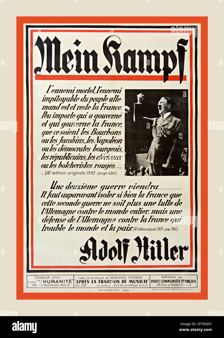 Les citations de Mein Kampf des années 1920 d'un manifeste autobiographique de 1925 par le chef du Parti nazi Adolf Hitler. Le travail décrit le processus par lequel Hitler est devenu antisémite et décrit son idéologie politique et ses projets futurs pour l'Allemagne. Le volume 1 de Mein Kampf a été publié en 1925 et le volume 2 en 1926. Mein Kampf. L'ennemi mortel, l'ennemi imitoyable du people alemand 1937 Allemagne nazie Mein Kampf. L'ennemi mortel, l'ennemi impitoyable du peuple allemand ...: [Affiche] - 1937 Banque D'Images