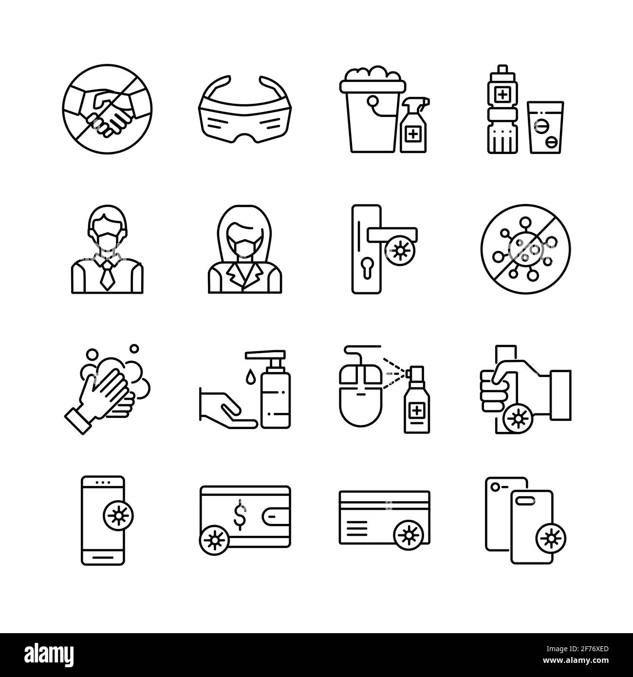 Ensemble d'icônes de vecteur liées à la protection contre les virus. Inclut des icônes vectorielles telles que l'hygiène, la prévention, les mesures de protection, la désinfection, le traitement, Virus Illustration de Vecteur