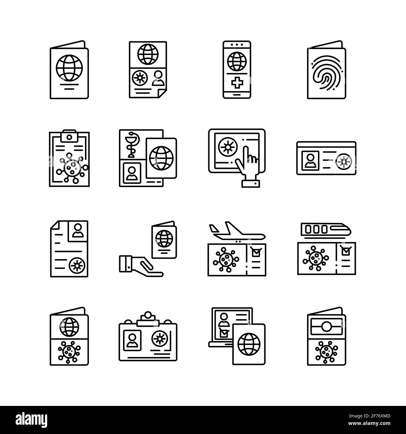 Icônes de collection pour l'immunité aux virus Passeport, certificat passe, certificat immunitaire pour les voyages et le travail. Illustration de Vecteur