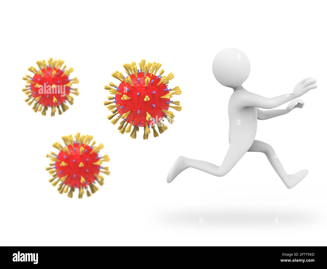 Illustration 3D d'un homme de dessin animé qui court à partir de virus - Corona virus pourchassant l'homme Banque D'Images