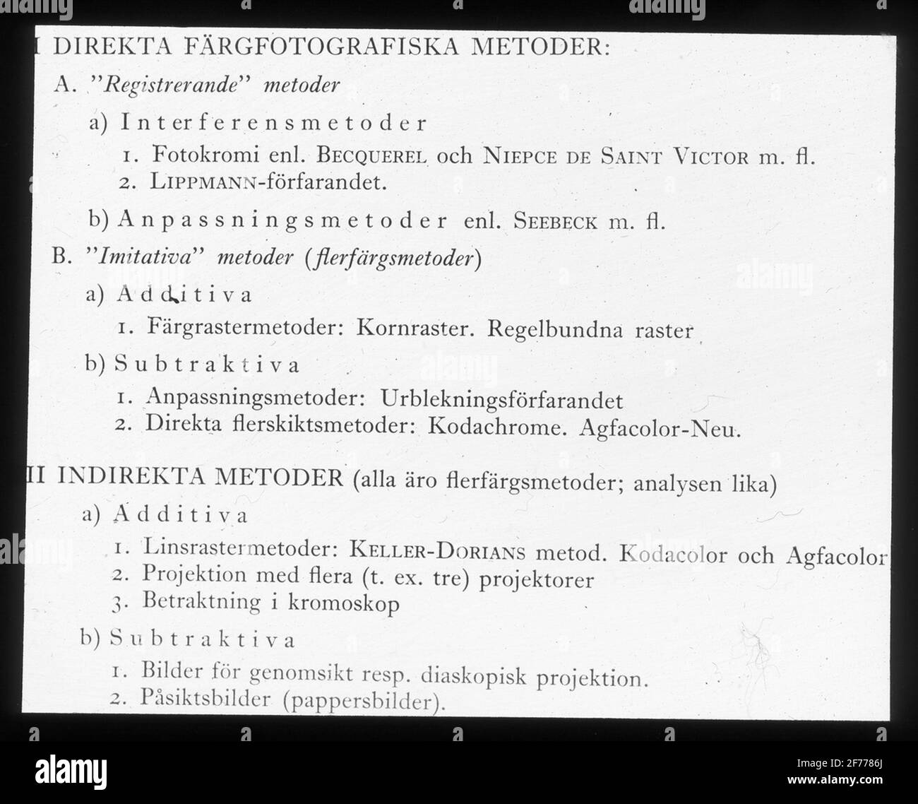 Image de Skioticon du Département de la photographie de l'Institut royal de technologie. Utilisation par le professeur Helmer Bäckström comme matériel de conférence. Bäckström a été le premier professeur suédois de photographie au Royal Institute of Technology de Stockholm de 1948 à 1958. Description des méthodes photographiques de couleur directe et des méthodes d'industrie dentaire. Pour plus d'informations, voir: Bäckström, Helmer. Manuel photographique. Autre édition révisée. Nature et culture. Stockholm. 1948. p. 975. Banque D'Images