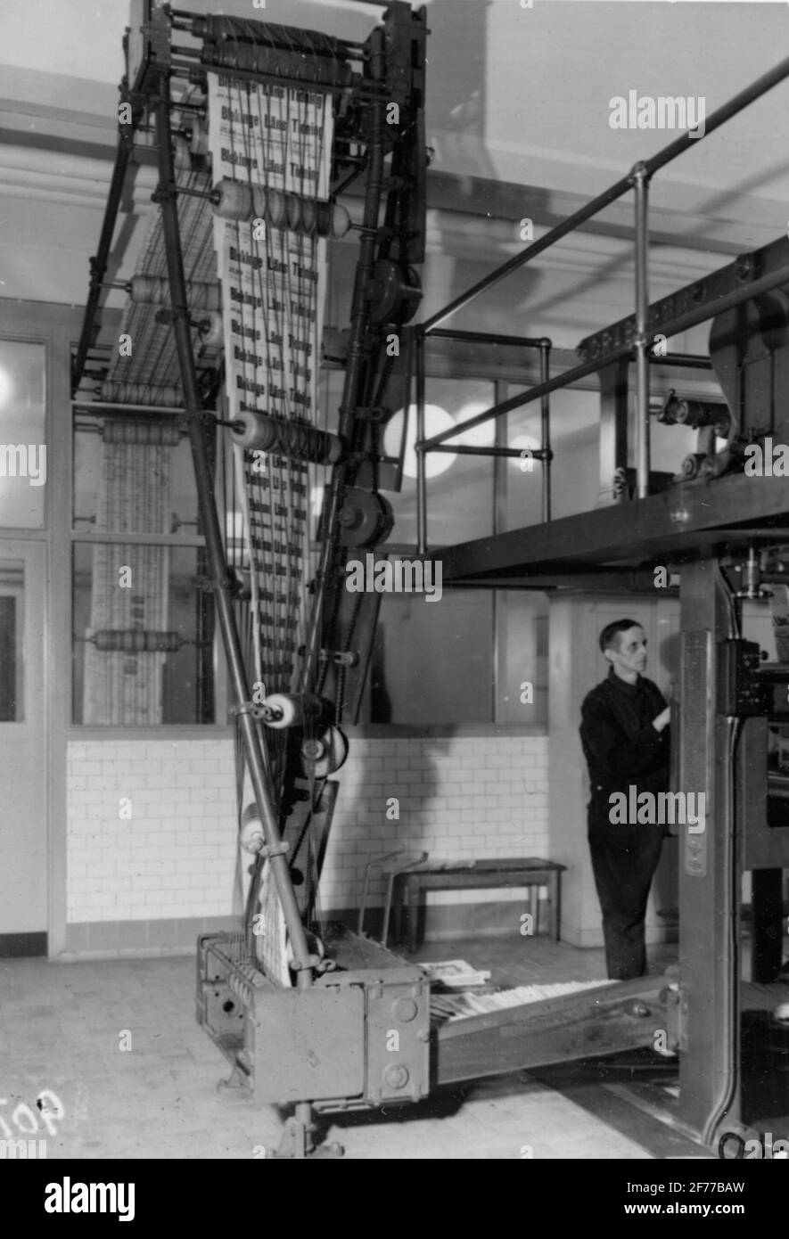 Tapis convoyeur de la société d'impression du magazine du comté de Blekinge, fabriqué par la société de partage d'atelier Mekniekano. Banque D'Images