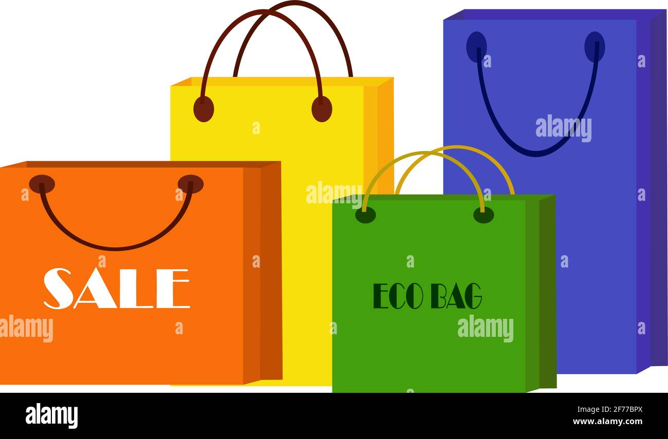 Un ensemble de sacs à provisions recyclables. Sacs en papier écologiques pour les achats. Illustration de Vecteur