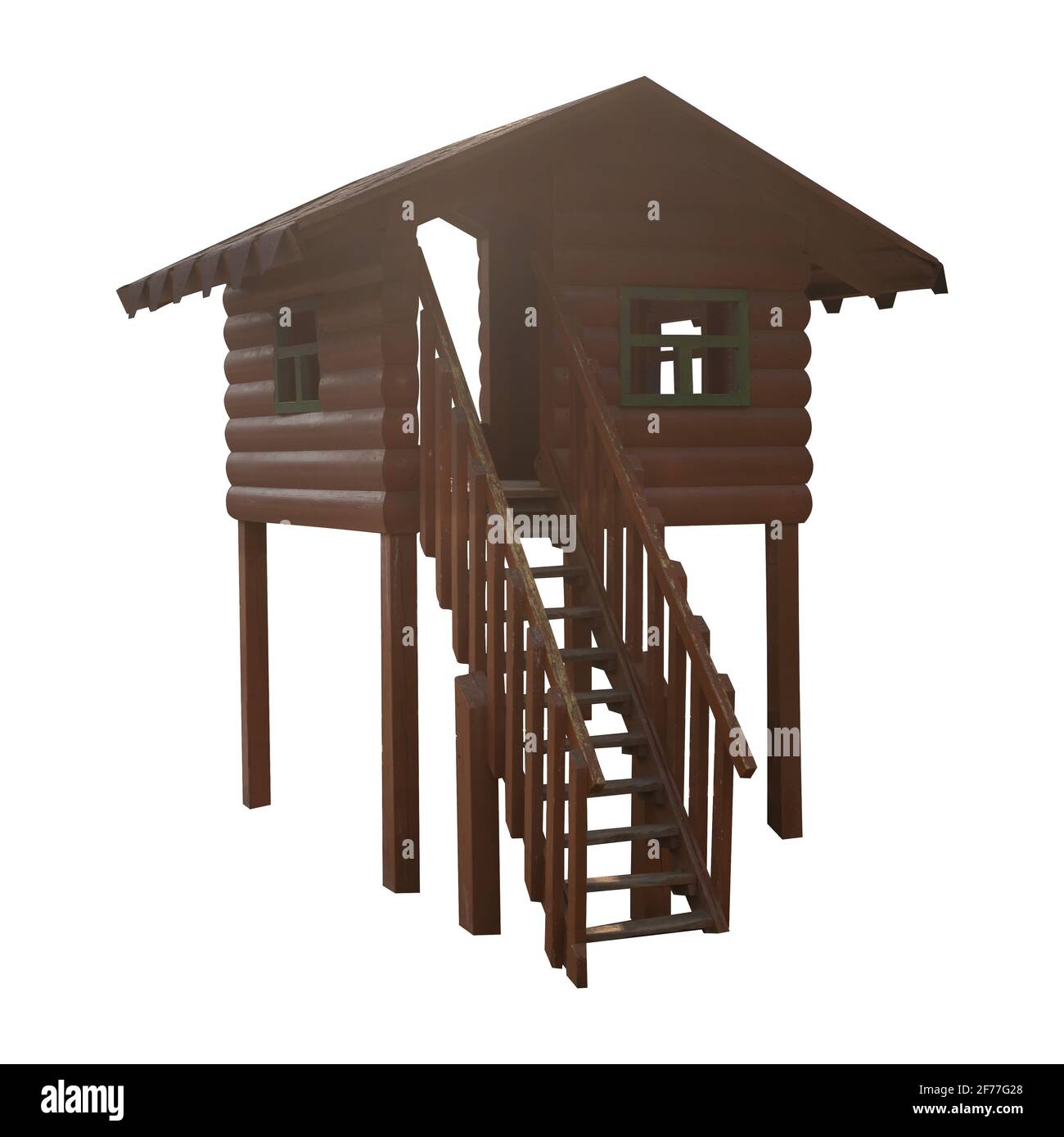 Petite maison en bois avec des escaliers et sur les jambes sur un arrière-plan blanc isolé Banque D'Images