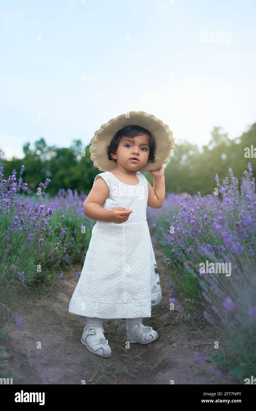 Adorable Petite Fille Posant Portant Un Chapeau De Paille Dans Un Champ De Lavande Aromatique En Fleur Petite Fille De Bebe Attrayante Portant Une Jolie Robe Blanche Et Regardant L Appareil Photo Appreciant