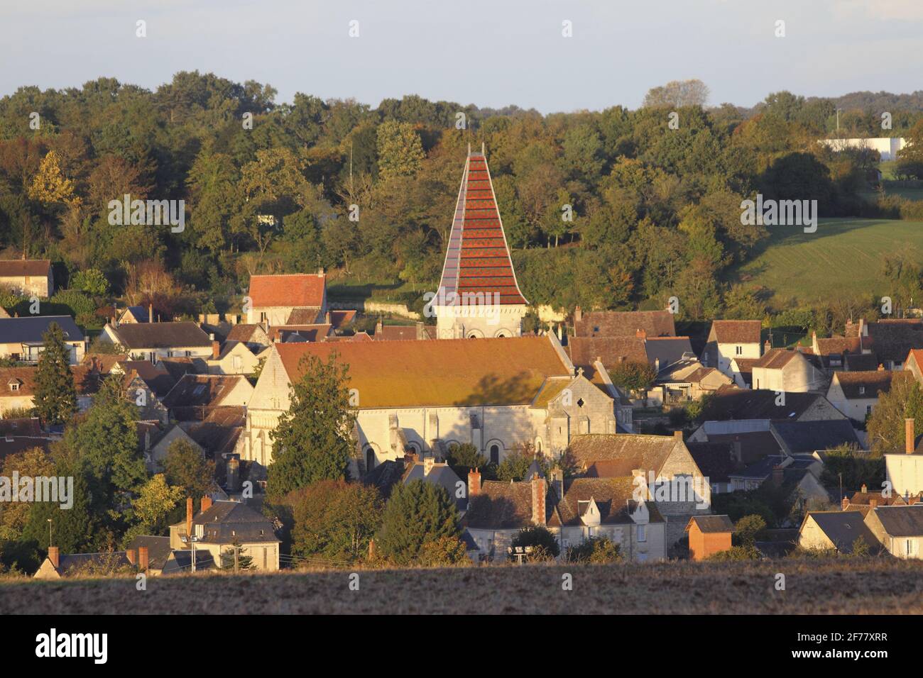 France, Indre et Loire, vallée de la Loire classée au patrimoine mondial de l'UNESCO, Preuilly-sur-Claise, l'église Saint-Pierre, ancienne église abbatiale de style romano-byzantin, possède un clocher unique en Touraine avec carreaux de Bourgogne émaillés Banque D'Images