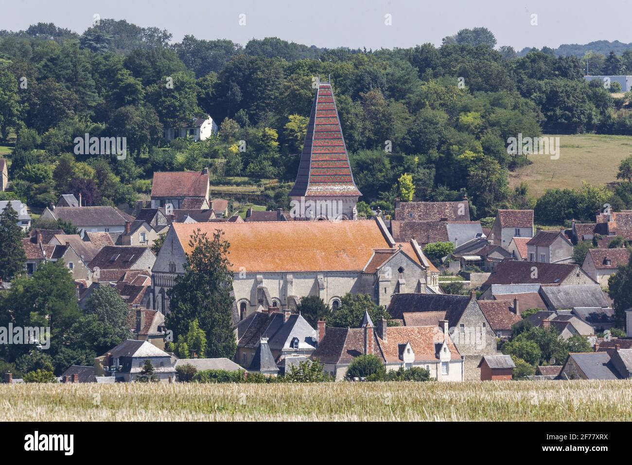 France, Indre et Loire, vallée de la Loire classée au patrimoine mondial de l'UNESCO, Preuilly-sur-Claise, l'église Saint-Pierre, ancienne église abbatiale de style romano-byzantin, possède un clocher unique en Touraine avec carreaux de Bourgogne émaillés Banque D'Images