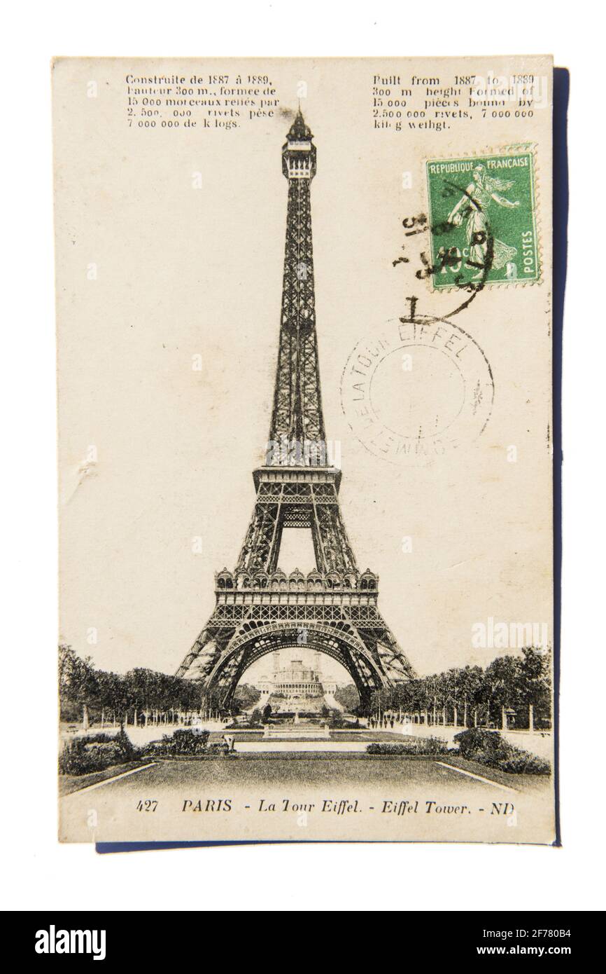 France, Paris (75), quartier Grenelle, ancienne carte postale (1924) avec la Tour Eiffel Banque D'Images