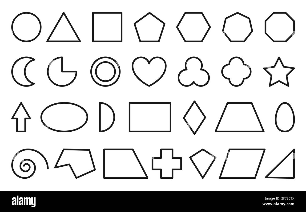 Jeu d'icônes de forme géométrique de ligne pédagogique de base. Enseignement des chiffres mathématiques triangle, carré, cercle, hexagone, rectangle. Enfant école apprentissage géométrie dessin animé élément d'étude isolé sur fond blanc Illustration de Vecteur