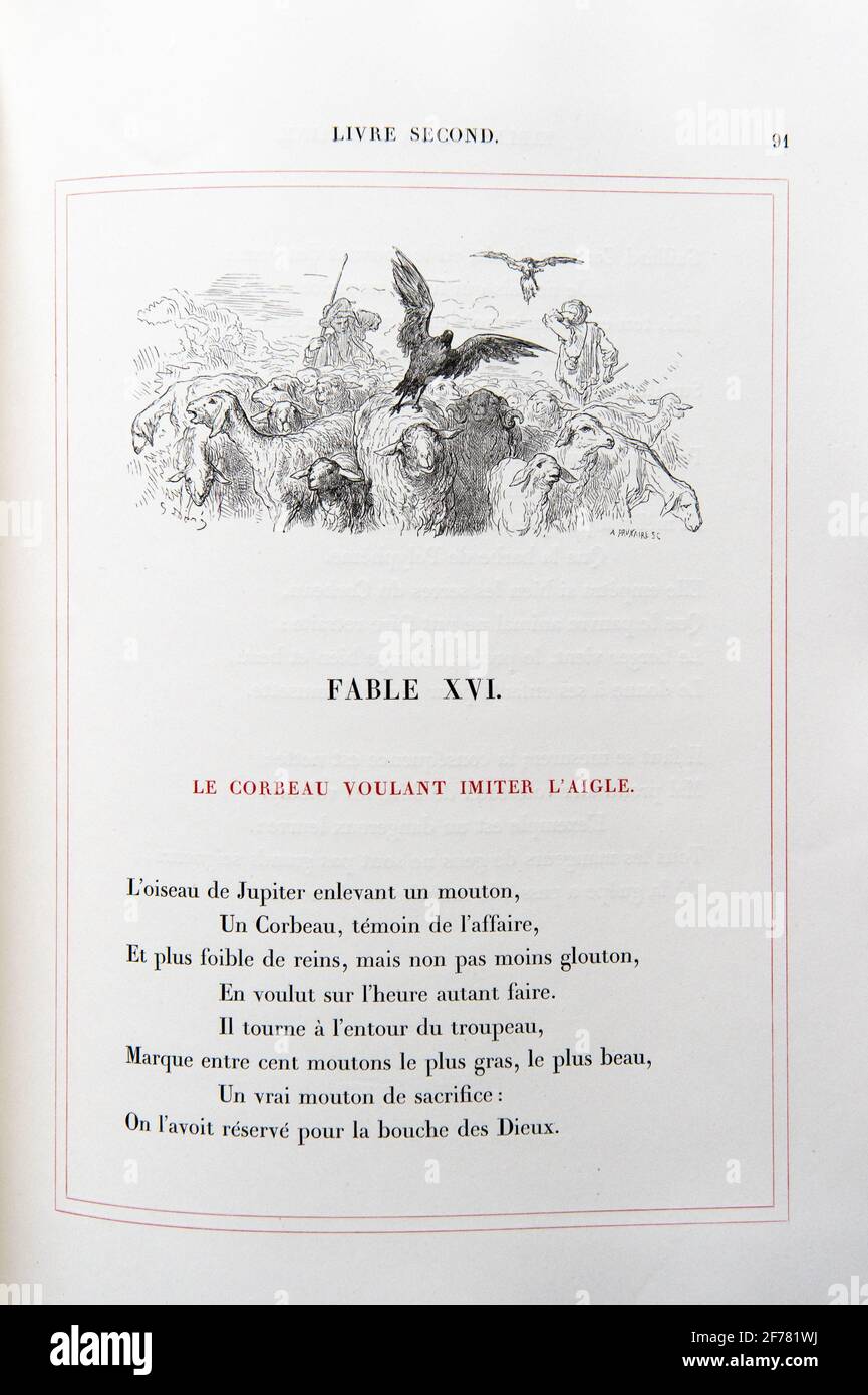 France, Aisne, Château-Thierry, Musée Jean de la Fontaine - ville de Château-Thierry, le livre Fables de la Fontaine, L. Hachette et Cie, édition illustrée (1867) par le designer et graveur Gustave doré, le Corbeau souhaitant imiter le fable aigle XVI du livre II Banque D'Images