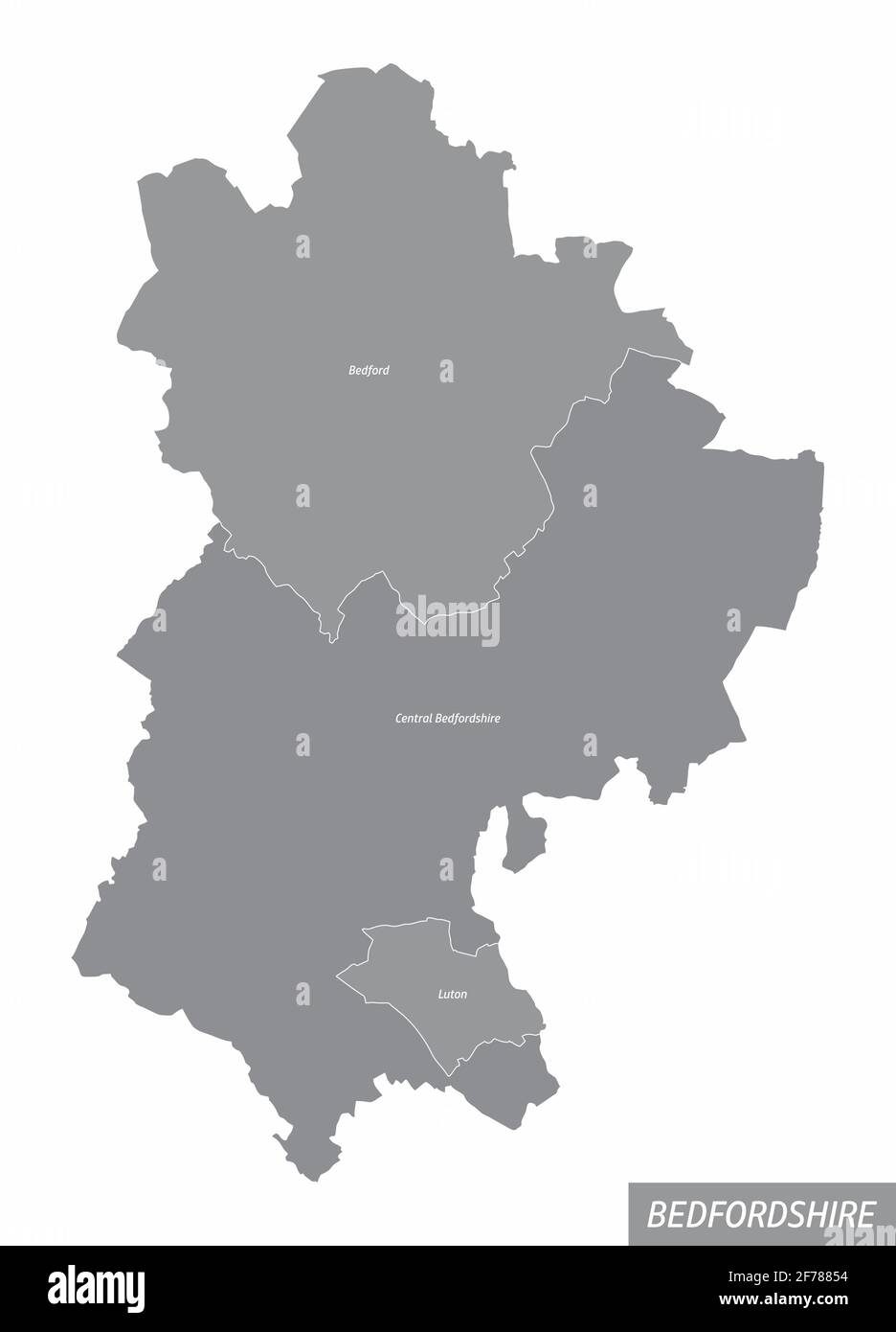 La carte isolée du comté de Bedfordshire est divisée en districts avec des étiquettes, Angleterre Illustration de Vecteur