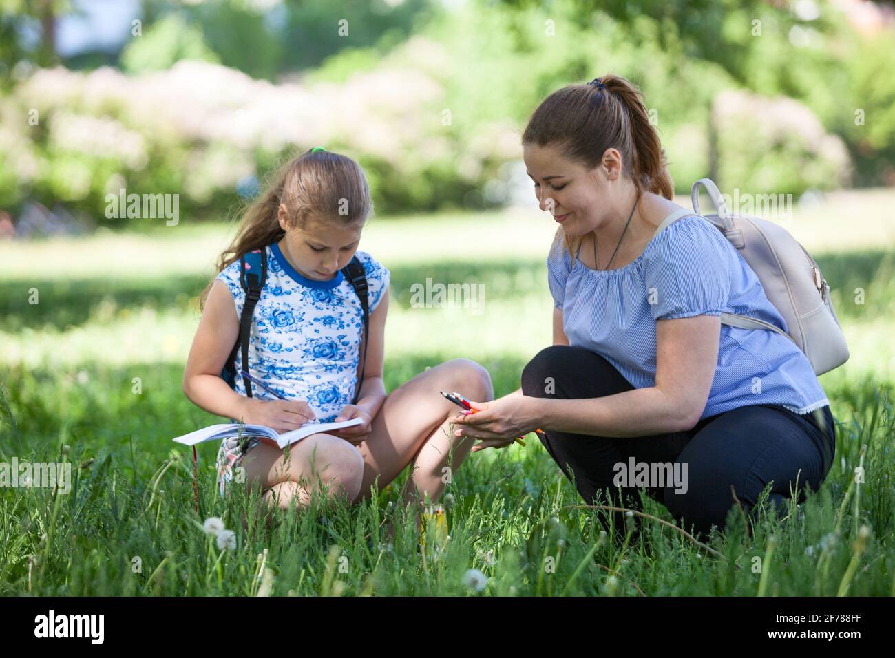 Mère aidant sa fille à dessiner à la nature, une femme adulte et une jeune fille assise dans l'herbe verte Banque D'Images