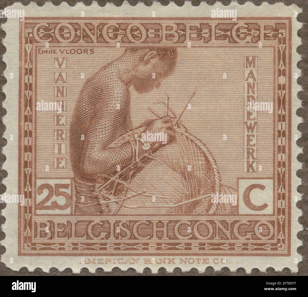 Timbre du poste de philatéliste de Gösta Bodman, commencé en 1950.le timbre du Congo belge, 1923. Motifs de tressage de panier. Banque D'Images