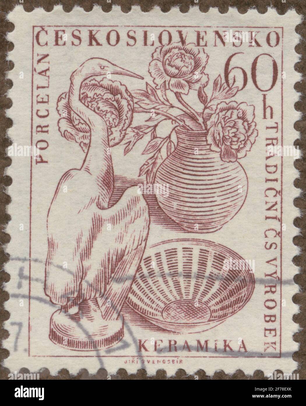 Timbre de l'Association des philatélistes de Gösta Bodman, commencé en 1950.le timbre de Tchécoslovaquie, 1956. Motifs de produits en porcelaine et de céramique. "Propagande pour l'exportation de produits de luxe industriels". Banque D'Images