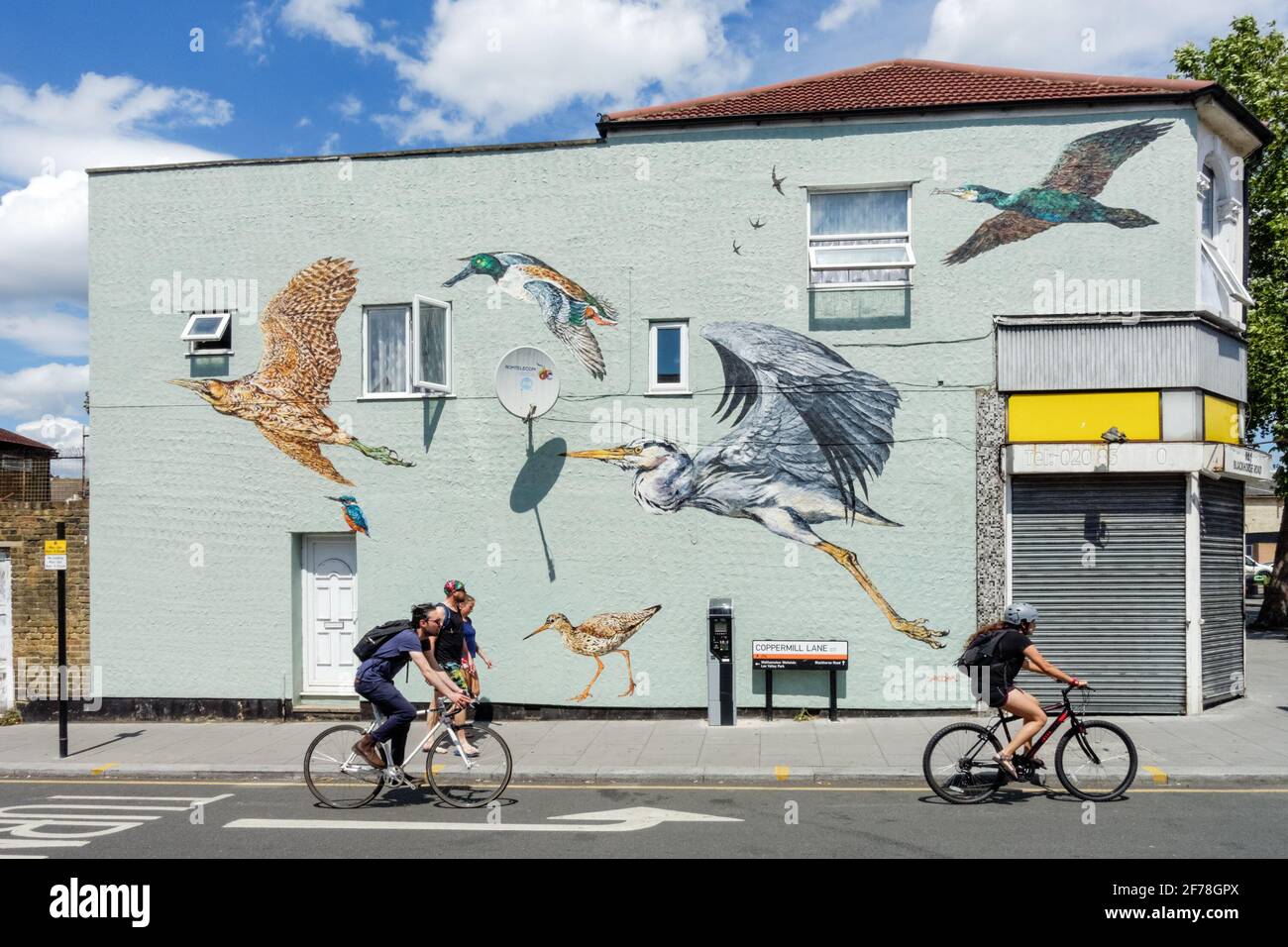 Graffitis avec des oiseaux sauvages sur un mur d'un bâtiment à Walthamstow, Londres Angleterre Royaume-Uni Banque D'Images
