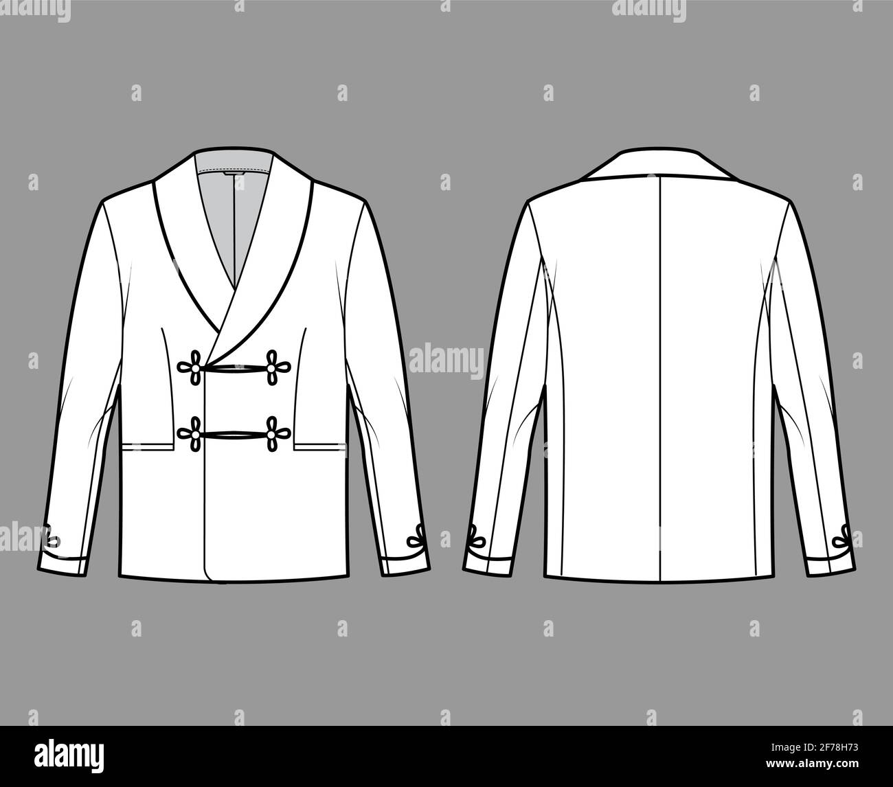 Veste fumeur, illustration technique de la mode avec double coupe, manches longues, col châle, poches en besom. Haut de pyjama plat modèle de manteau avant, arrière, style blanc. Femmes hommes unisexe CAD maquette Illustration de Vecteur