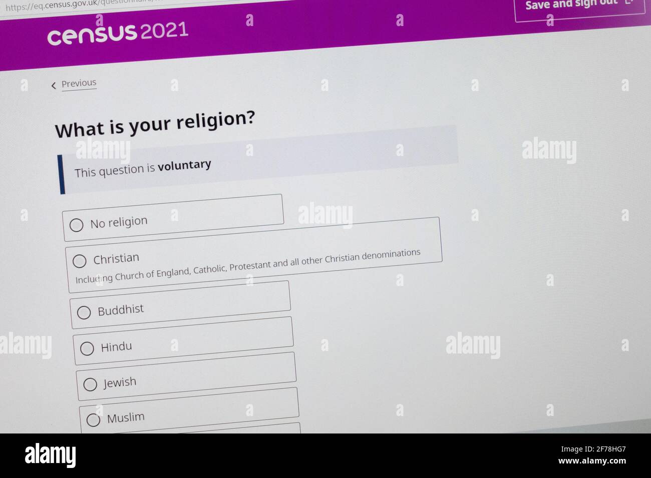 Question sur la religion sur le formulaire en ligne du Recensement du Royaume-Uni 2021 Banque D'Images