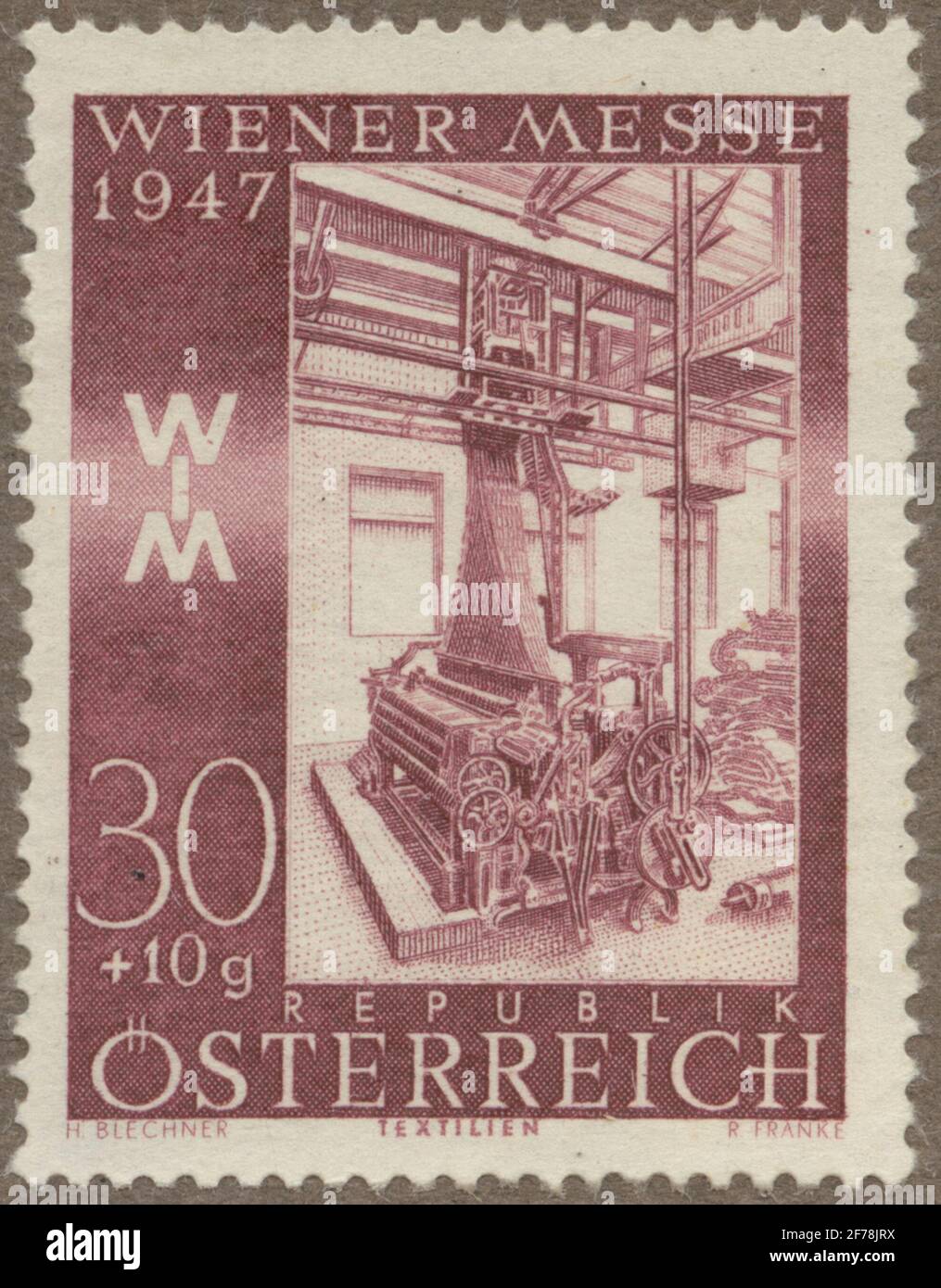 Timbre de l'Association philatéliste de Gösta Bodman, commencé en 1950.le timbre de l'Autriche, 1947. Mouvements de la salle de tissus Jacquard en Autriche 1947. 'Salon Wiener 1947 Banque D'Images