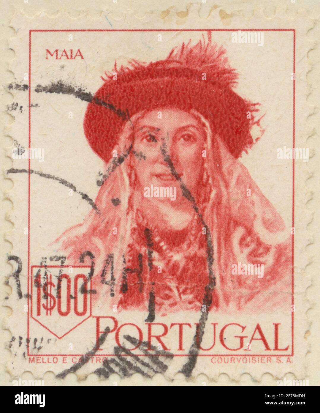 Timbre de l'Association philatéliste de Gösta Bodman, commencé en 1950.le timbre du Portugal, 1947. Motions de coût des femmes, Maria. Banque D'Images