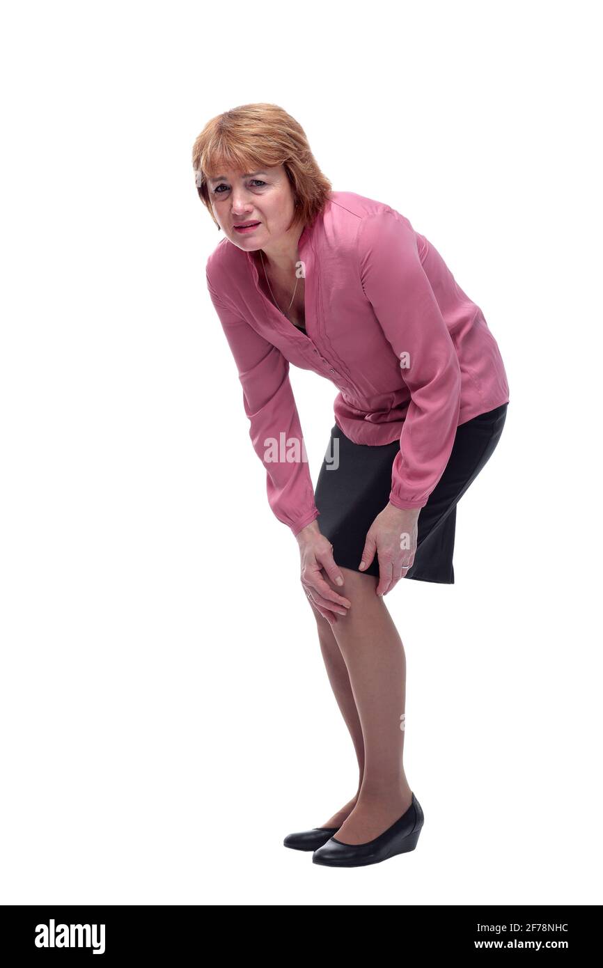 Femme d'âge moyen souffrant de douleurs au genou, de lésions articulaires ou d'arthrite Banque D'Images
