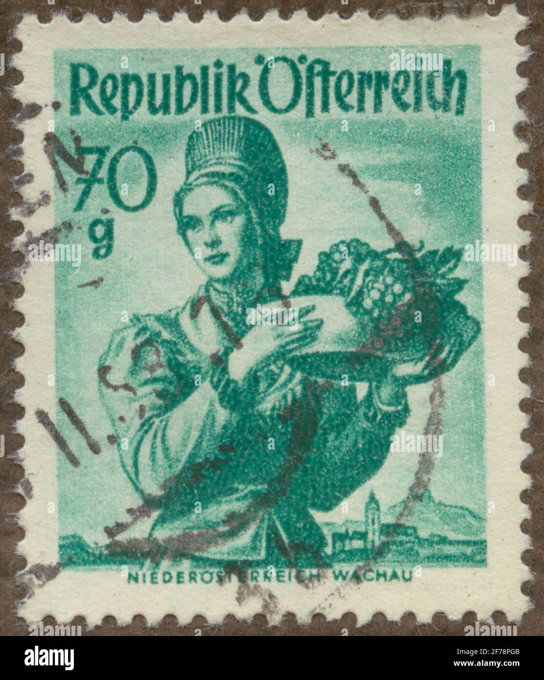 Timbre de l'Association philatéliste de Gösta Bodman, commencé en 1950.le timbre de l'Autriche, 1948. Motif de costume féminin autrichien, Nieder Österreich. Banque D'Images