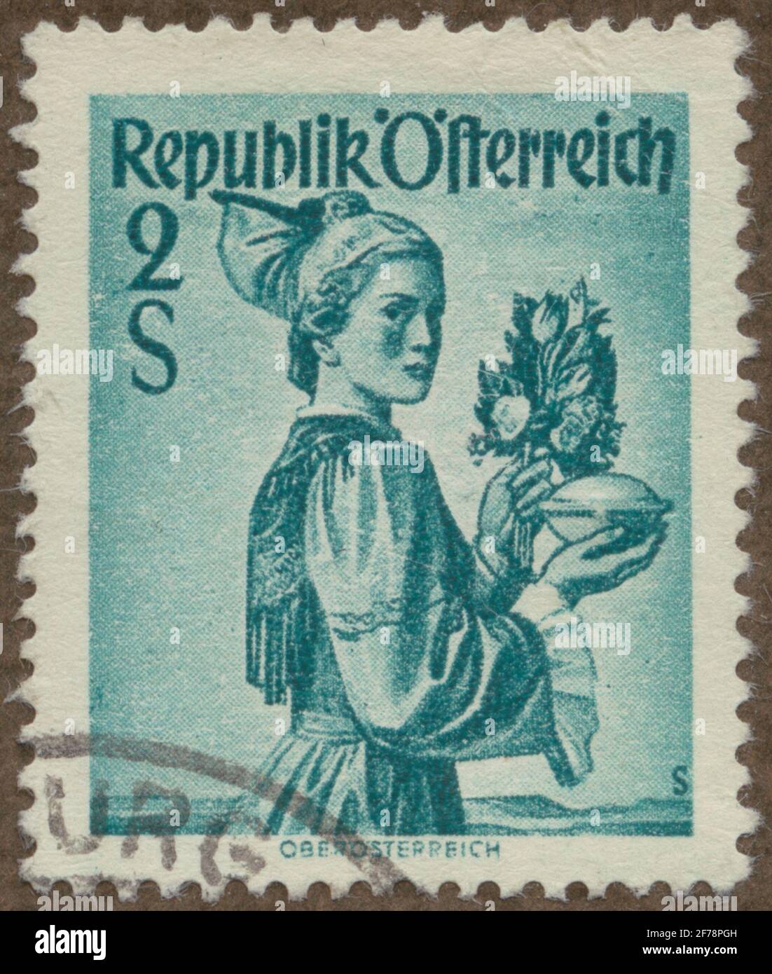 Timbre du poste de philatéliste de Gösta Bodman, commencé en 1950.le timbre de l'Autriche, 1948. Motifs de costume féminin autrichien, Hoch-Österreich. Banque D'Images