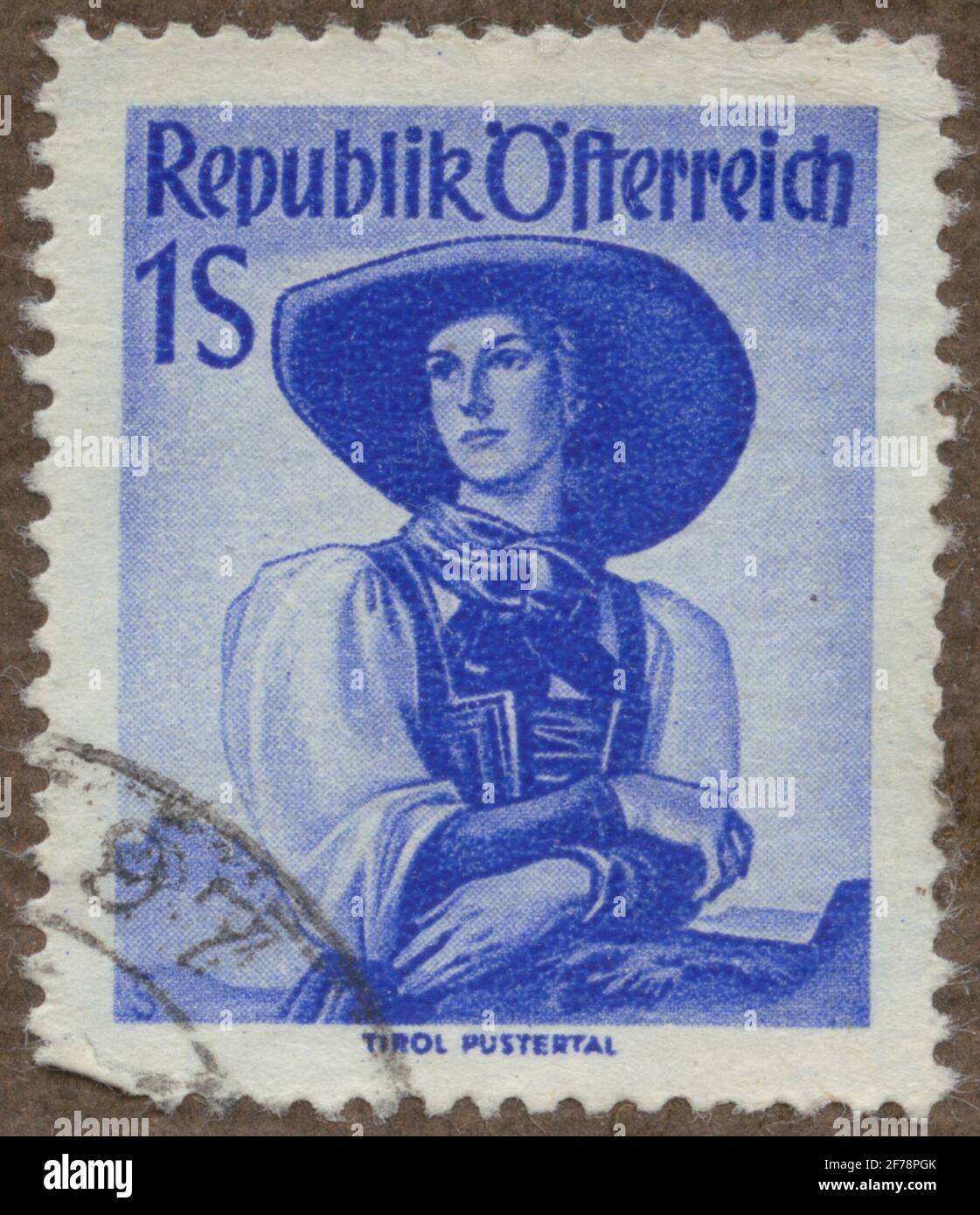 Timbre de l'Association philatéliste de Gösta Bodman, commencé en 1950.le timbre de l'Autriche, 1948. Motifs de costume féminin autrichien, Tyrol, Pustal. Banque D'Images