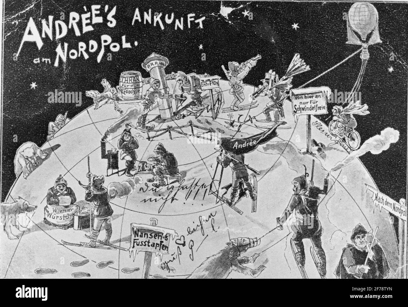 Andrées arrivée au pôle Nord. Dessin de caricature allemande. Banque D'Images