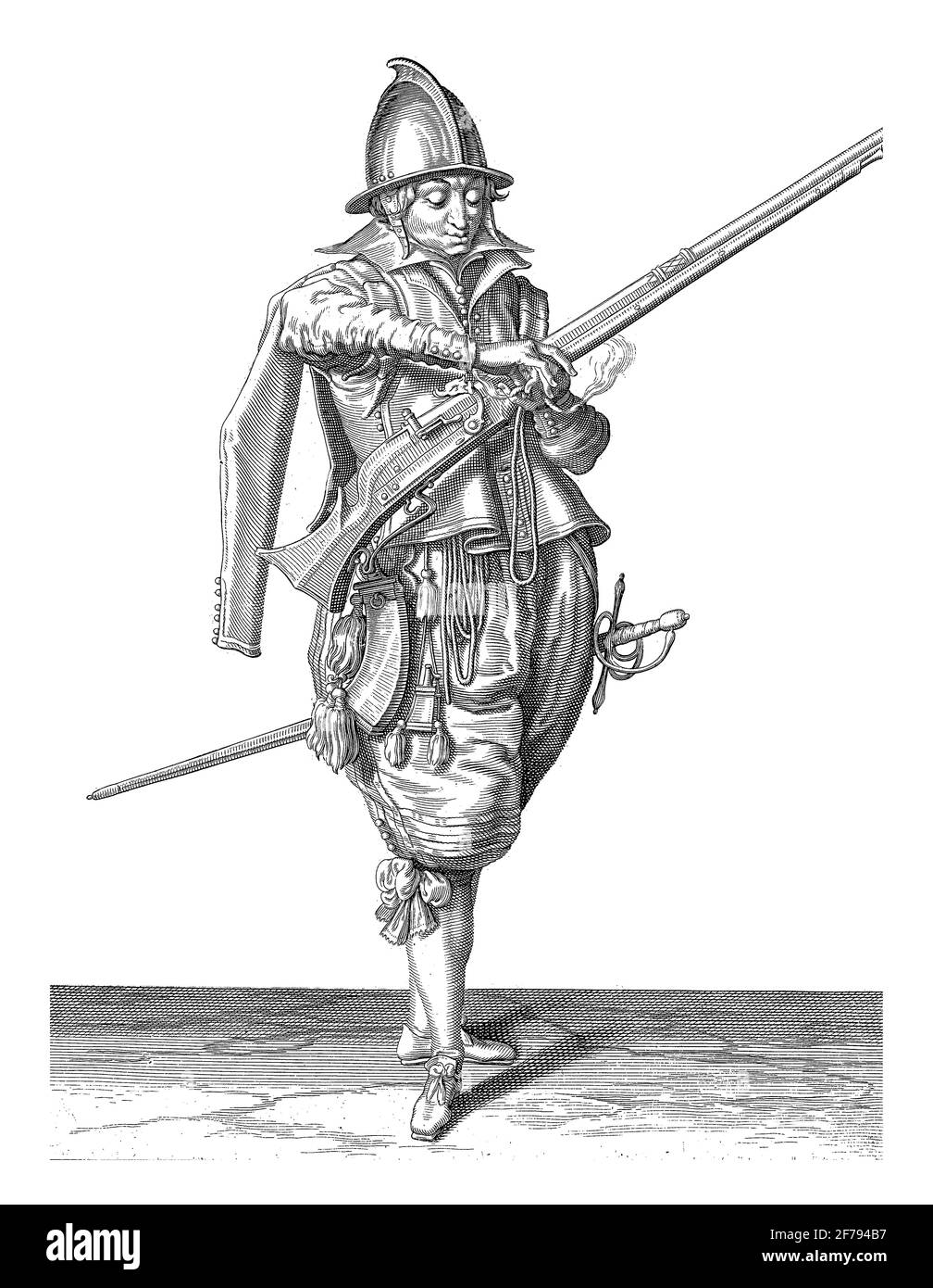Un soldat, de pleine longueur, à droite, tenant un gouvernail (un certain type d'arme à feu) avec sa main gauche (n. 5), env. 1600. Dans sa main gauche à côté du Banque D'Images