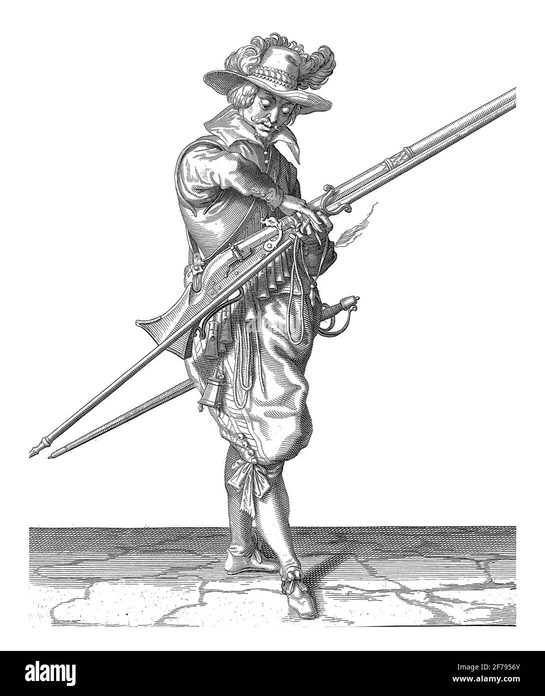 Un soldat, de pleine longueur, à droite, tenant une mousket (un type particulier d'arme à feu) et une fureur (fourchette de mousquet) avec sa main gauche (No 15), c. 1600, Banque D'Images