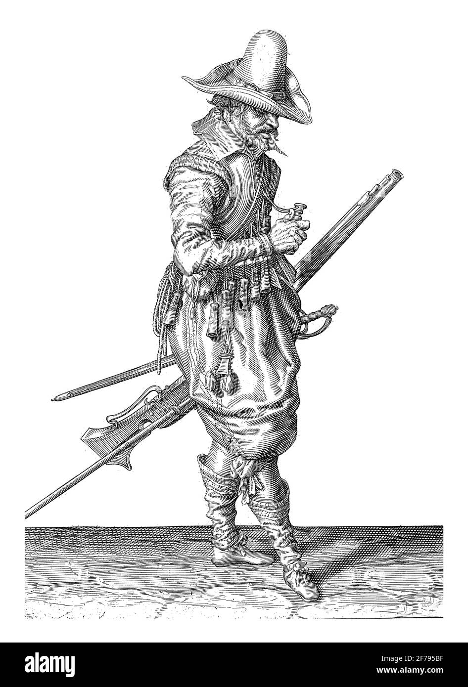 Un soldat, de pleine longueur, à droite, qui, avec sa main gauche, porte un mousquet (un certain type d'arme à feu) près de sa cuisse gauche, pointant le canon di Banque D'Images