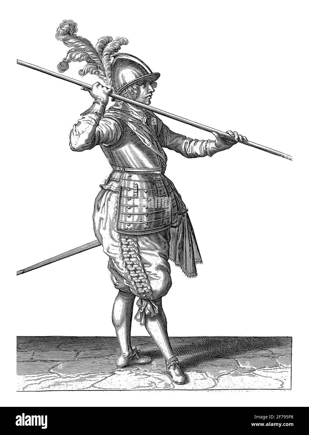 Un soldat, pleine longueur, après sur la droite, portant une brochette (lance) presque horizontalement au-dessus de son épaule droite, gravure vintage. Banque D'Images