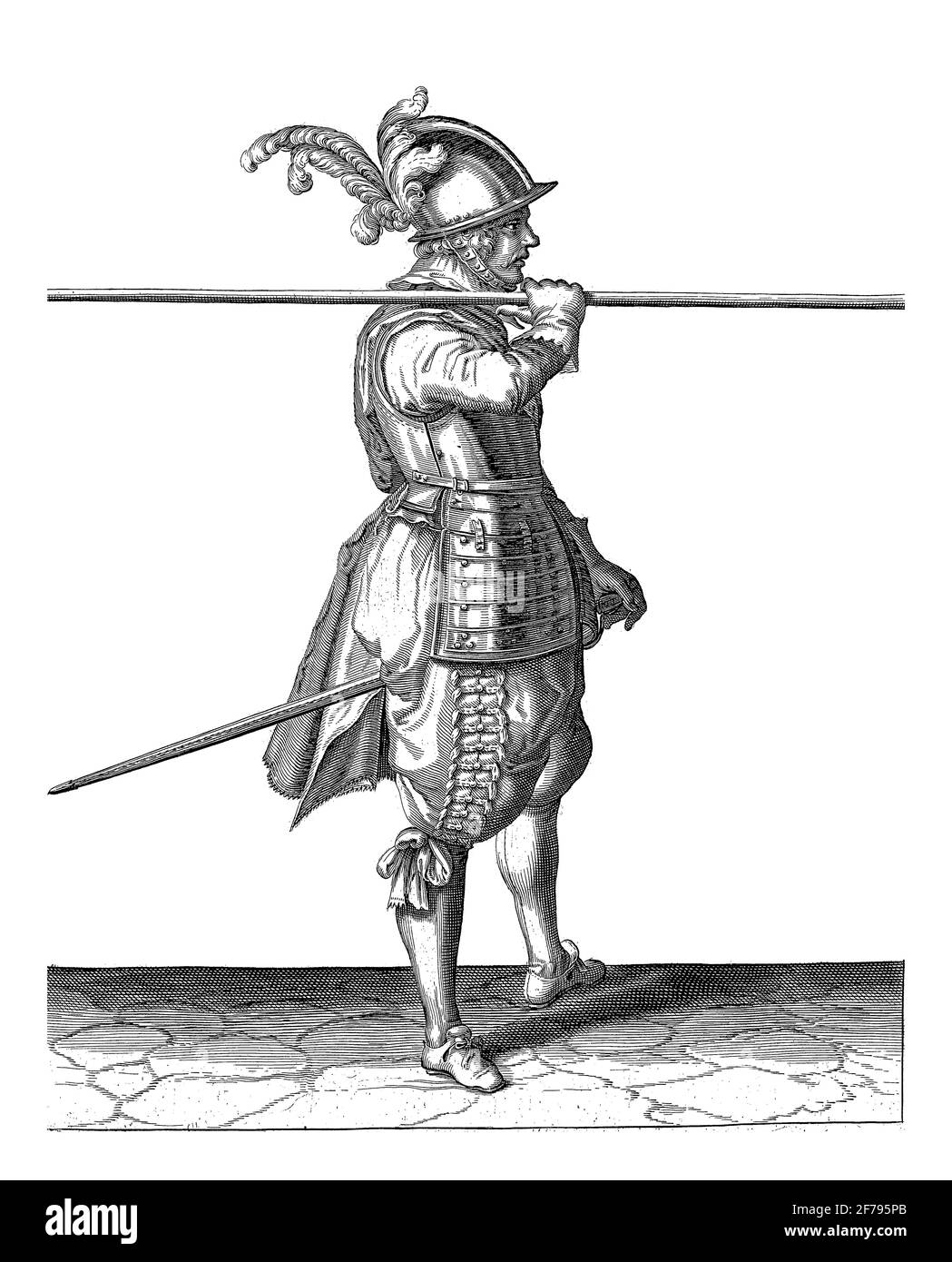 Un soldat, pleine longueur, à droite, qui porte une brochette (lance) horizontalement sur son épaule droite, gravure vintage. Banque D'Images