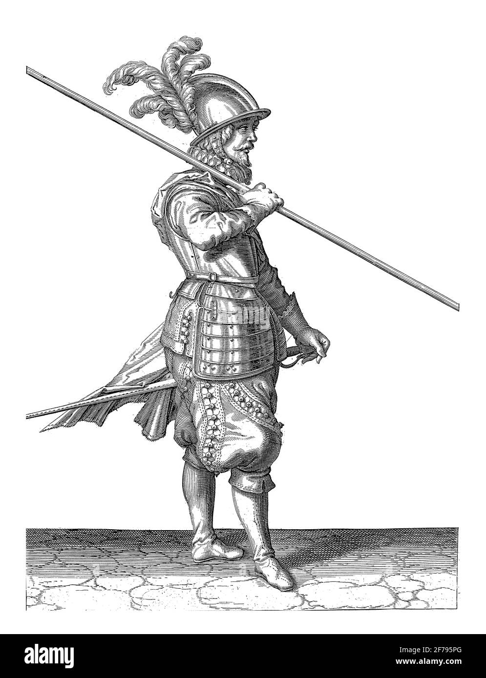 Un soldat , pleine longueur, à droite, portant une lance (lance) sur son épaule droite, pointant l'extrémité oblique vers le sol (No 11), c. 1600. Son Banque D'Images