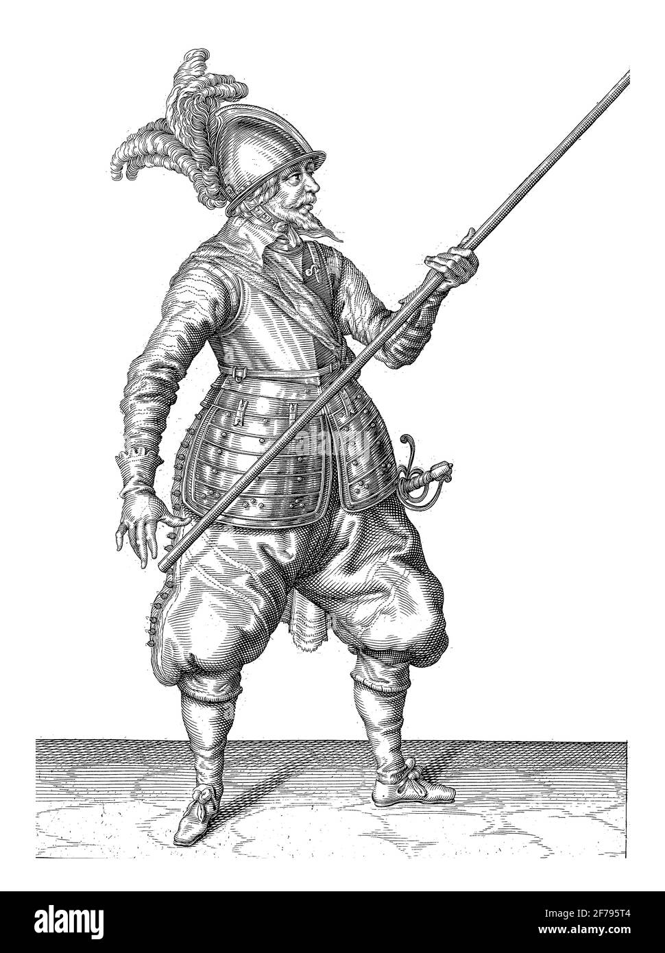 Un soldat de grande longueur portant une lance (lance) avec sa main gauche par son côté droit, pointant la pointe oblique vers le haut (No 13), c. 1600, vintage engr Banque D'Images